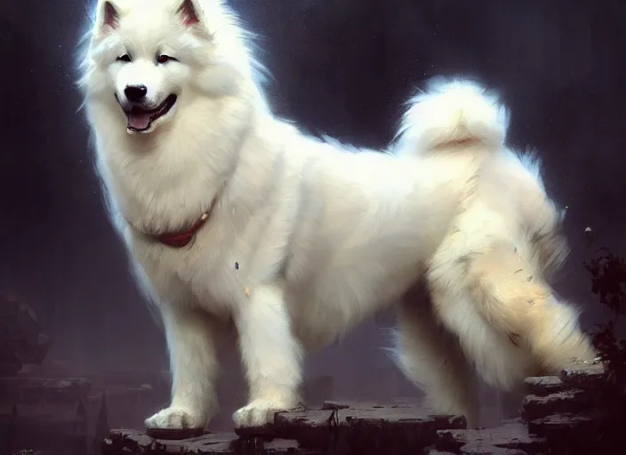 Prompt: samoyed by bayard wu, anna podedworna, gaston bussiere, greg rutkowski