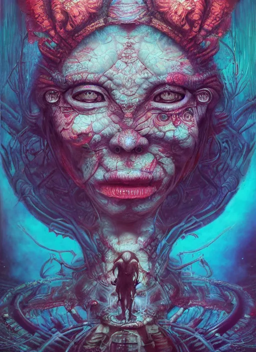 Image similar to alice in wonderland, mayan god, alien, highly detailed, cinematic, 8 k, by megan duncanson, benjamin lacombe, adrian borda, stanley artgermm, tom bagshaw, craig mullins, carne griffiths, ayami kojima, beksinski, giger, trending on deviantart, hyper detailed, horror, full of colour