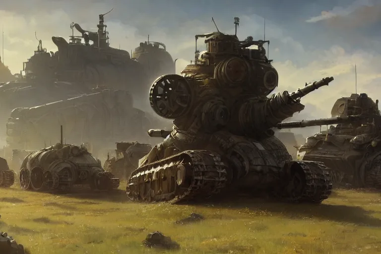 Image similar to concept art of ruined dieselpunk orcish tanks in an open field, key visual, ambient lighting, highly detailed, digital painting, artstation, concept art, sharp focus, by makoto shinkai and akihiko yoshida and hidari and wlop