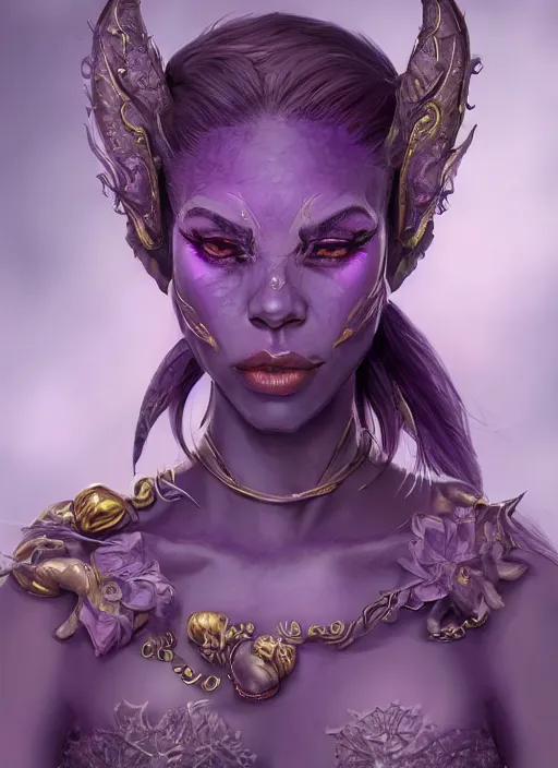 Image similar to purple skin, Tiefling , smiling, beautiful detailed eyes, cute, fantasy, intricate, elegant, highly detailed, digital painting, 4k, HDR, concept art, detailed jewelry, smooth, sharp focus, illustration, by Wayne Reynolds