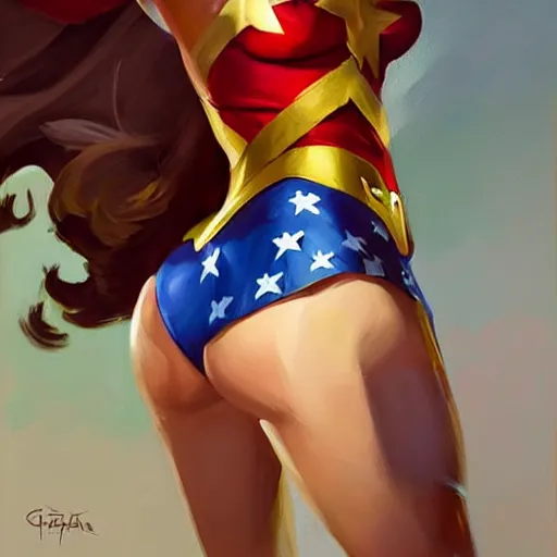 Image similar to greg manchess portrait painting of wonderwoman as overwatch character, medium shot, asymmetrical, profile picture, organic painting, sunny day, matte painting, bold shapes, hard edges, street art, trending on artstation, by huang guangjian and gil elvgren and sachin teng