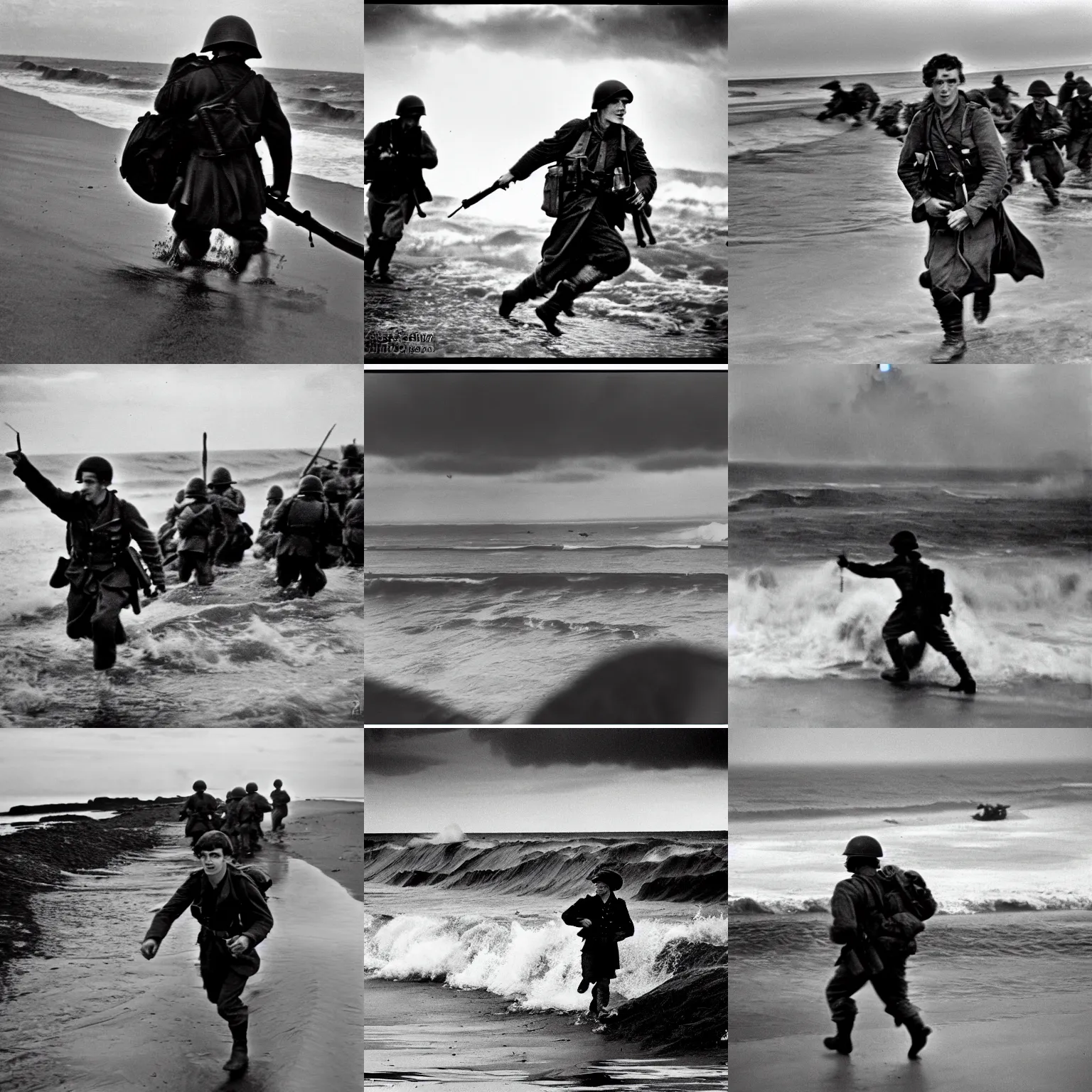 Prompt: 3 2 mm world war 2 photograph of frodo baggins charging up omaha beach, documentary photography, award winning.