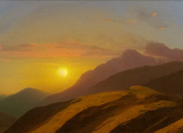 Image similar to the armenian highlands with the sun setting as the background in the style of hudson river school of art, oil on canvas