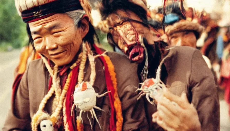 Prompt: 7 0 s movie still of a tibetan man with a spider in the mouth, cinestill 8 0 0 t 3 5 mm eastmancolor, heavy grain, high quality, high detail