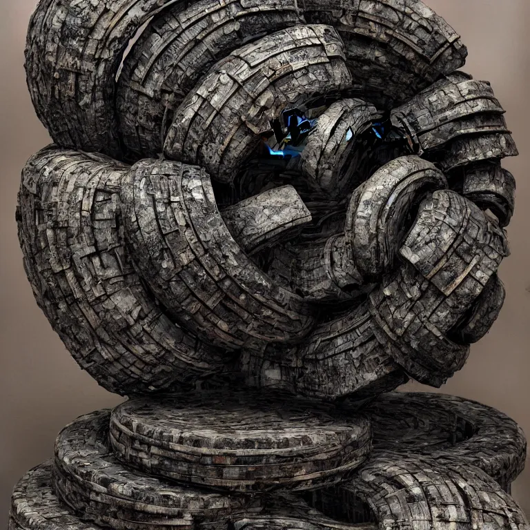 Image similar to mixed media abstract sculpture created with recycled tires and wood / phi, highly detailed, intrincate, overcast flat lighting, octane, lumen unreal 5 / in the style of philippe faraut, stanisław szukalski, beksinsky and gustave dore