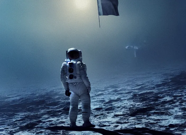 Image similar to astronaut holding a flag in an underwater desert. a submarine is visible in the distance. dark, concept art, cinematic, dramatic, atmospheric, 8 k, trending on artstation, blue, fish, low visibility, fog, ocean floor, christopher nolan, interstellar