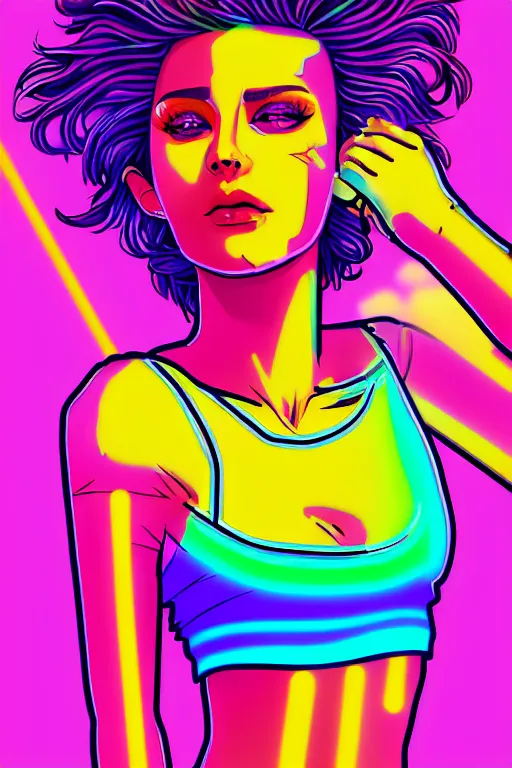 Prompt: a award winning half body portrait of a beautiful woman with stunning eyes in a croptop and cargo pants with smoky hair in rainbow colors, outlined by whirling illuminated neon lines, outrun, vaporware, shaded flat illustration, digital art, trending on artstation, highly detailed, fine detail, intricate