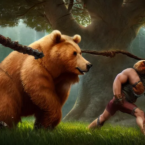 Image similar to anthropomorphic bear fighting an anthropomorphic bull, au naturel, hyper detailed, digital art, trending in artstation, cinematic lighting, studio quality, smooth render, unreal engine 5 rendered, octane rendered, art style by klimt and nixeu and ian sprigger and wlop and krenz cushart.