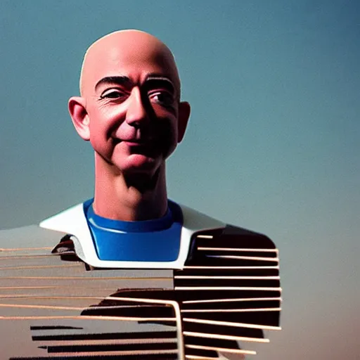 Image similar to Jeff Bezos abandoning humanity to join the singularity. CineStill