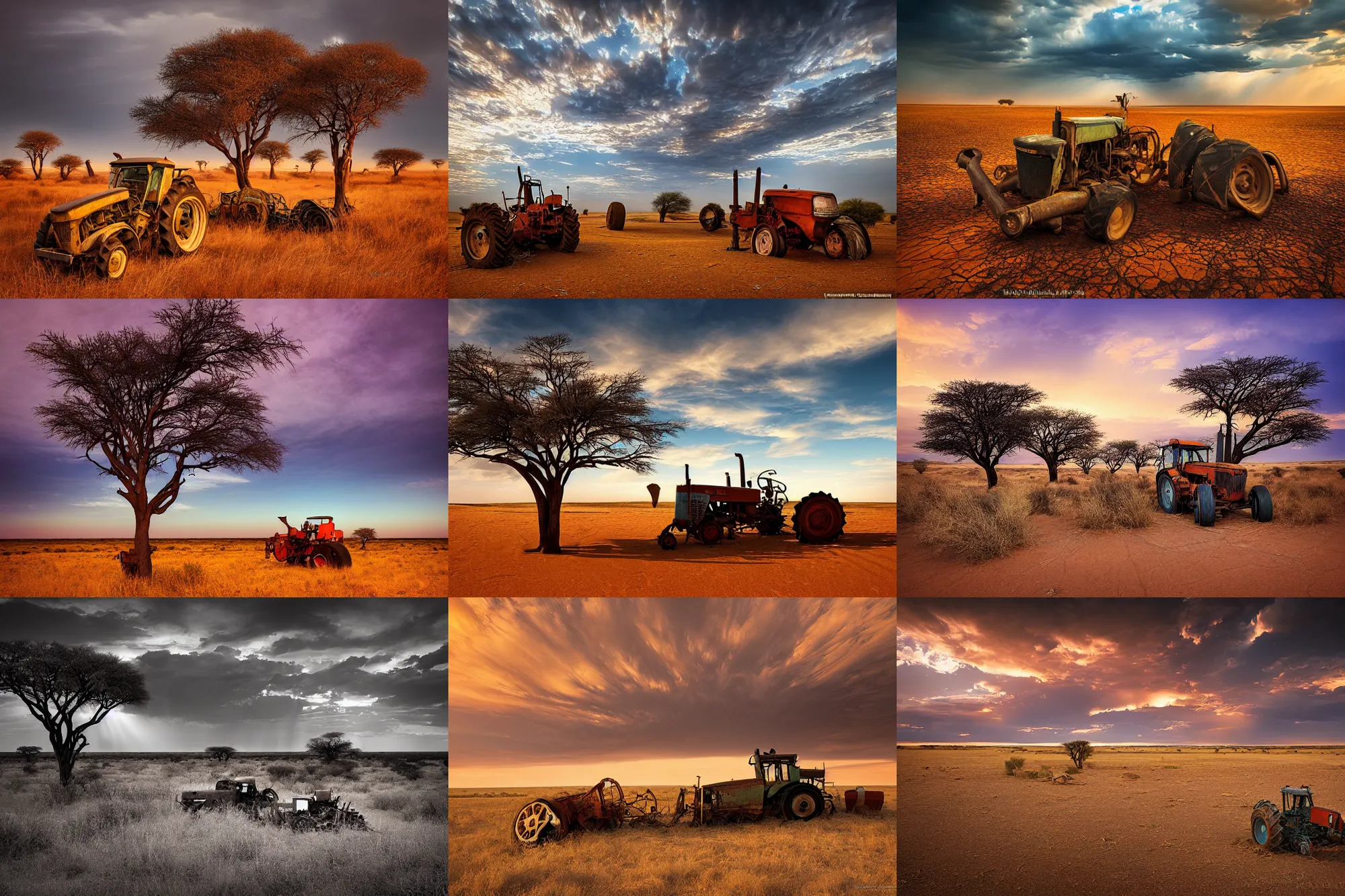 Prompt: beautiful landscape photography of the Kalahari desert, a broken tractor in the foreground, by Marc Adamus,