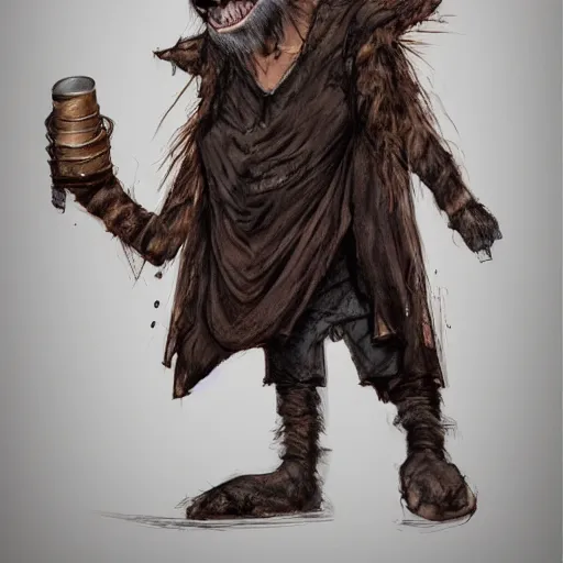 Image similar to dirty homeless humanoid cat wearing rags, concept art, d & d, fantasy, trending on artstation