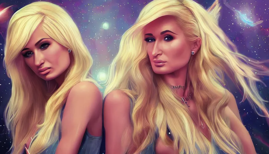 Image similar to Kim Petras and Paris Hilton written in the stars, hyperdetailed, artstation, cgsociety, deviantart 8k