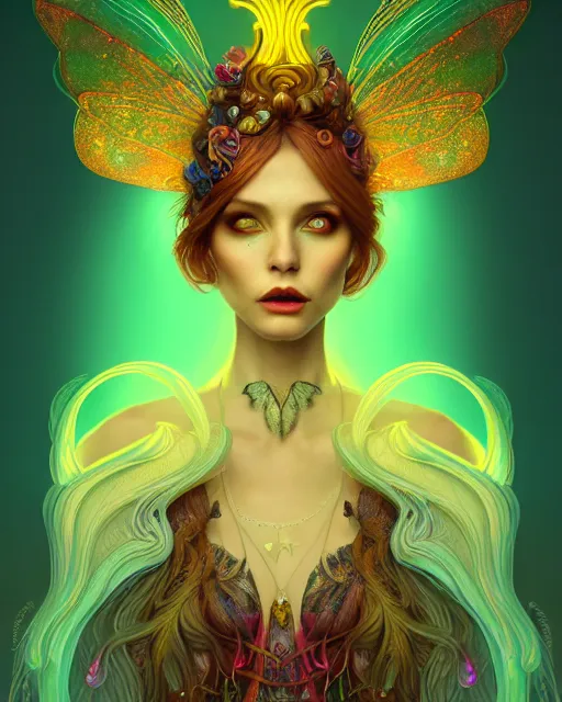 Image similar to portrait, stunningly beautiful female faerie priestess in amanita muscaria forest landscape, symmetrical wings on back, neon hair, wearing a dress of gossamer gold, inner glow, illustration, dramatic lighting, soft details, painting, art nouveau, octane render, 8 k, hd, by brom, faces by otto schmidt