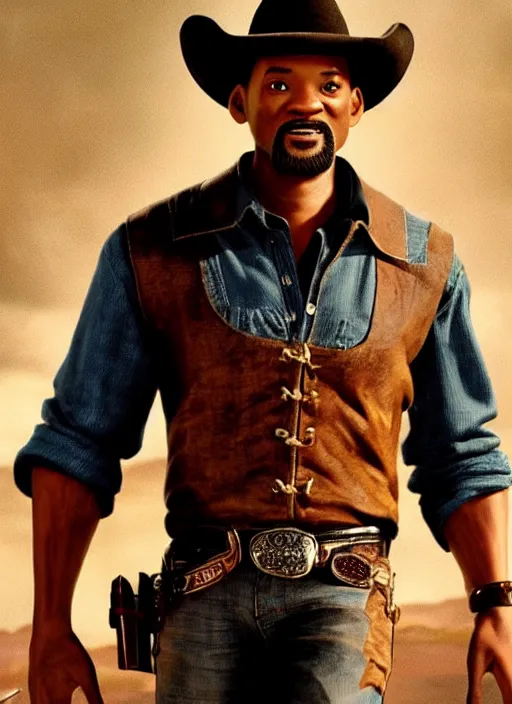 Prompt: an film still of will smith as cowboy with beard, western background, unreal engine. amazing likeness. very detailed.
