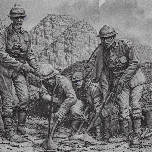 Image similar to ultra detailed photorealistic sepia - toned line drawing from 1 9 1 7, three british soldiers standing at an archaeological dig site in wadi rum, ultra realistic, painted, intricate details, lovecraft, atmospheric, dark, horror, brooding, highly detailed, by clyde caldwell