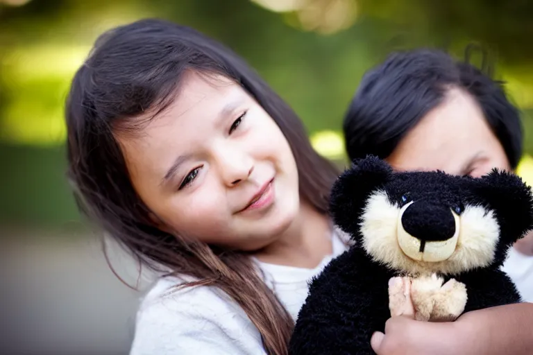 Image similar to canon, 30mm, bokeh, girl holding a teddy bear, snuggly, black hair