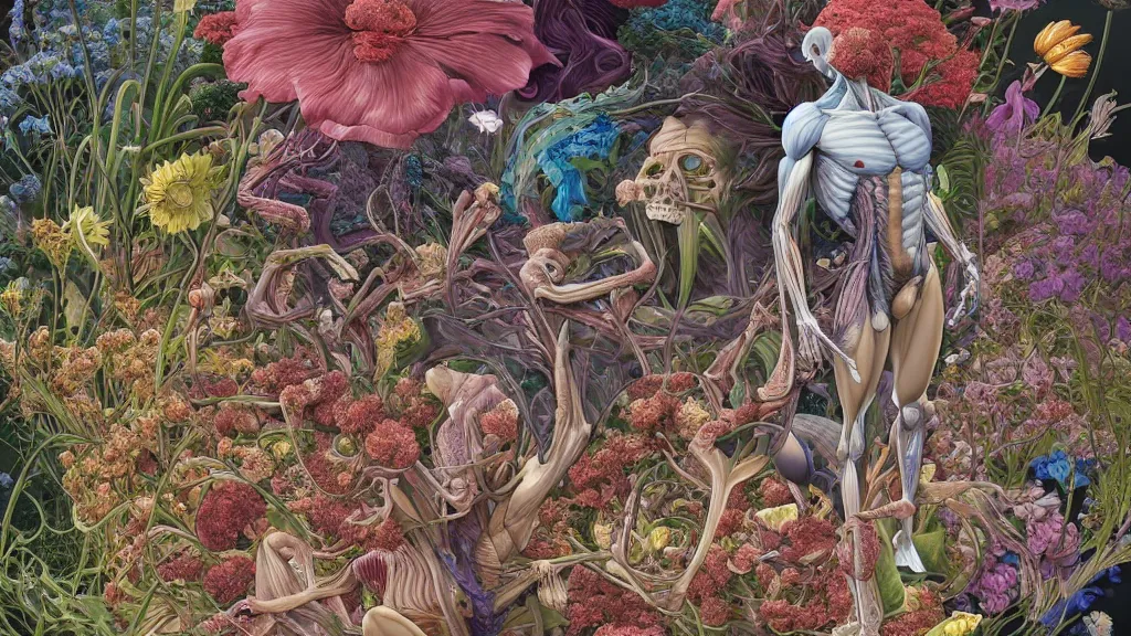 Image similar to highly detailed illustration of a human anatomy body exploded by all the known species of flowers by juan gatti, by makoto shinkai, by moebius!, by oliver vernon, by joseph moncada, by damon soule, by manabu ikeda, by kyle hotz, by dan mumford, by kilian eng