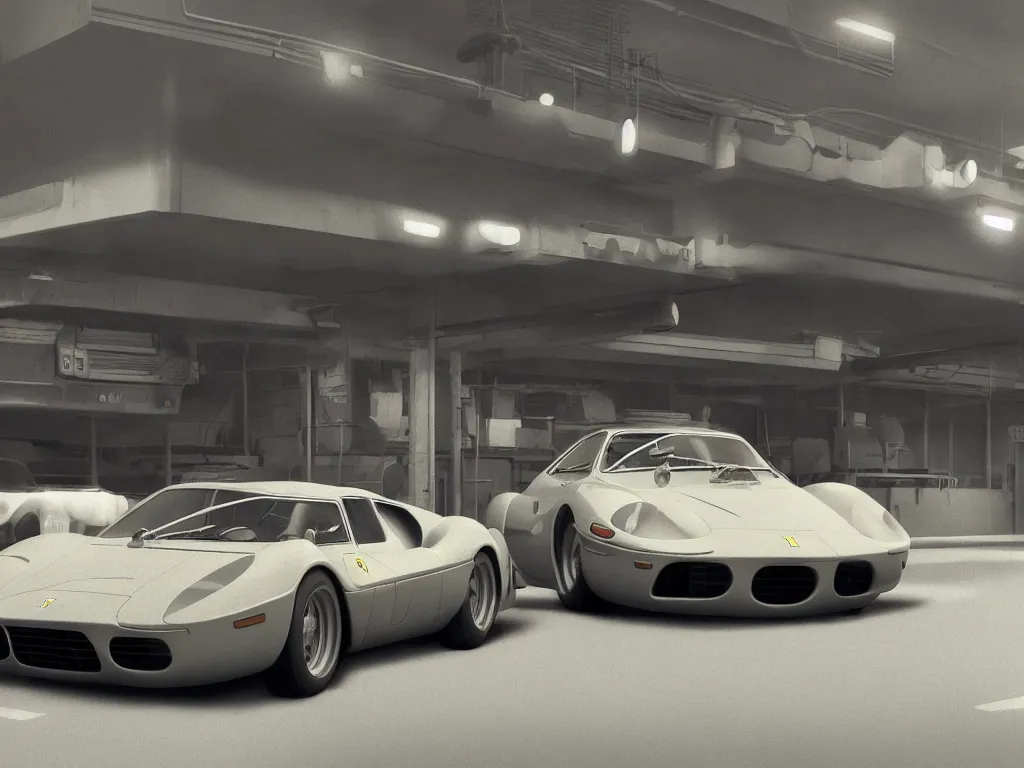 Image similar to a wholesome animation key shot of a focused old ferrari car in a car park, close shot, studio Ghibli, Pixar and Disney animation, sharp, very detailed, high resolution, Rendered in Unreal Engine 5, anime key art by Greg Rutkowski, Bloom, dramatic lighting