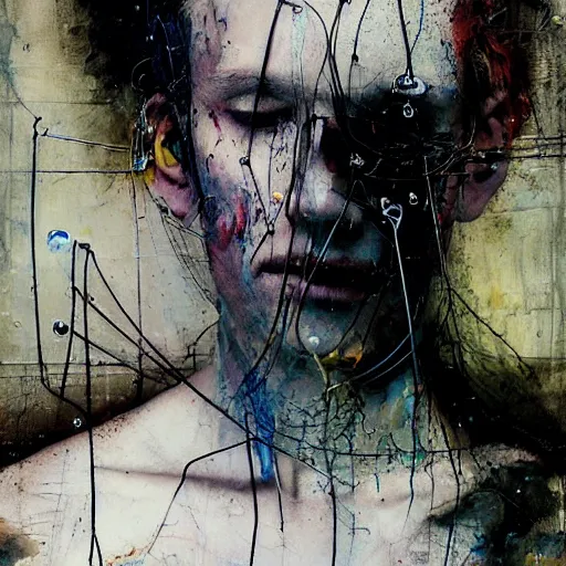 Prompt: portrait of a young punk man of wires and bandages, glitched, photography, marta syrko, julia margaret cameron, painterly, dripping and splashing black paint and oil smears. scumbling, de kooning, craig mullins