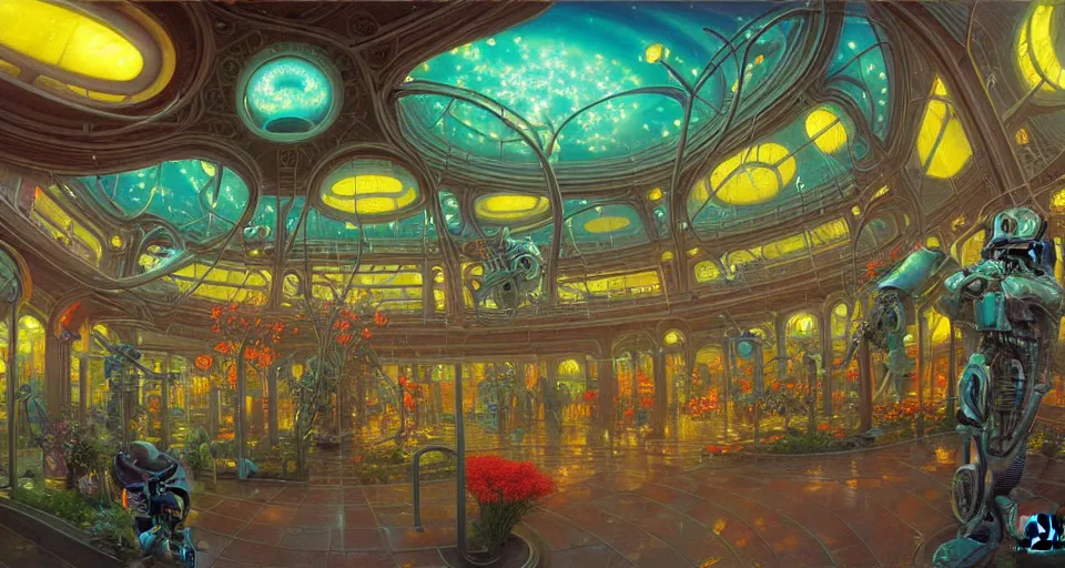 Image similar to fish eye lens a bright minimalist bioluminescent oil painting by donato giancola, warm coloured, cinematic scifi luxurious futuristic foggy steam filled victorian garden mall interior with microscopy radial windows flowers growing out of pretty bulbous ceramic fountains, gigantic pillars and flowers, maschinen krieger, beeple, star trek, star wars, ilm, atmospheric perspective