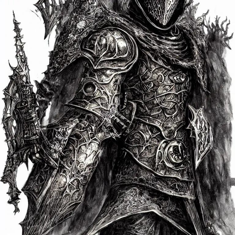 Image similar to Folk horror portrait of the ashen one from dark souls III (dark souls 3), detailed illustration by Yoshitaka Amano