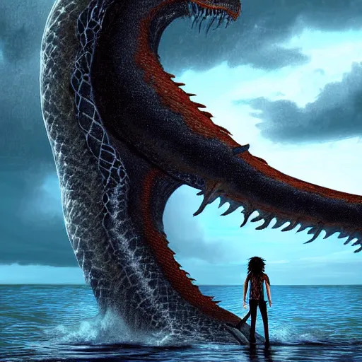 Image similar to a dramatic digital art of a teenage boy with long hair holding a sword while standing on the edge of a cliff over looking water, coming out of the water is a giant serpent water monster looming over the boy with it's mouth open, dramatic digital art, ambient lighting