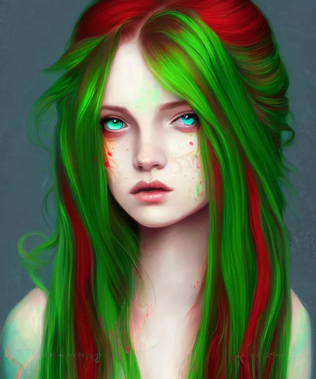 Prompt: Fae teenage girl, portrait, long red hair, green highlights, fantasy, intricate, elegant, highly detailed, digital painting
