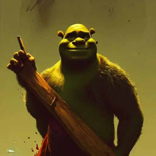 Image similar to shrek as trevor philips, highly detailed, digital painting, artstation, concept art, sharp focus, illustration, art by greg rutkowski and alphonse mucha