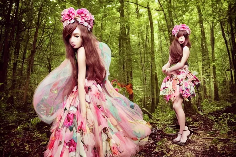 Image similar to chibi anime fashion model wearing valentino 2 0 1 4 floral skirt and jeweled headpiece outdoors in the woods, flowers