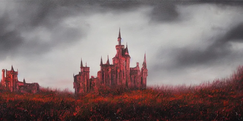 Image similar to a beautiful and gothic castle in the distance. Red sky. Dark ambient. Gothicpunk. Detailed oil on canvas. Art in style of Frances Ann Hopkins. High definition