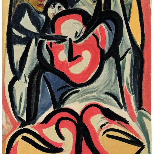 Image similar to Cecily Brown, Ernst Kirchner, portrait of a demon