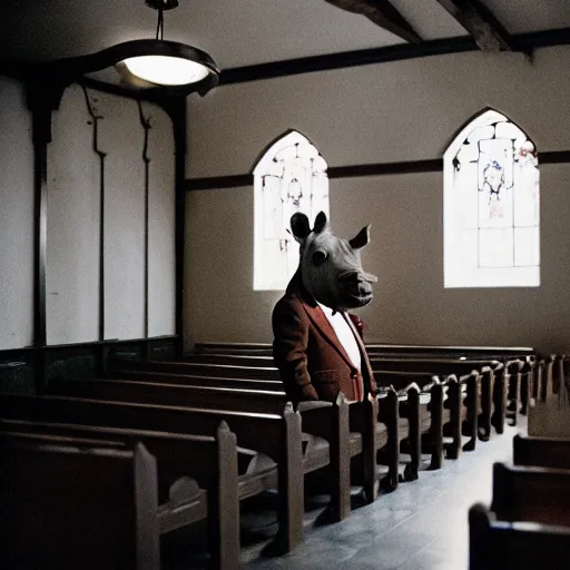 Image similar to a rhinoceros wearing a tiny suit in a wedding chapel, photo realistic, detailed, cinematic lighting, kodachrome