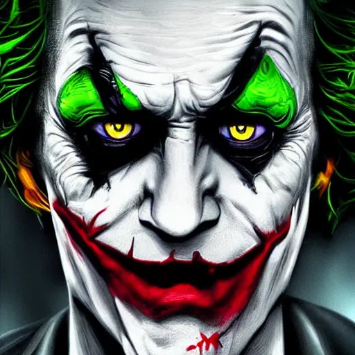 Prompt: the joker wearing the dark knight mask, snarling tweety, digital painting, amazing detail, art station, cgsociety