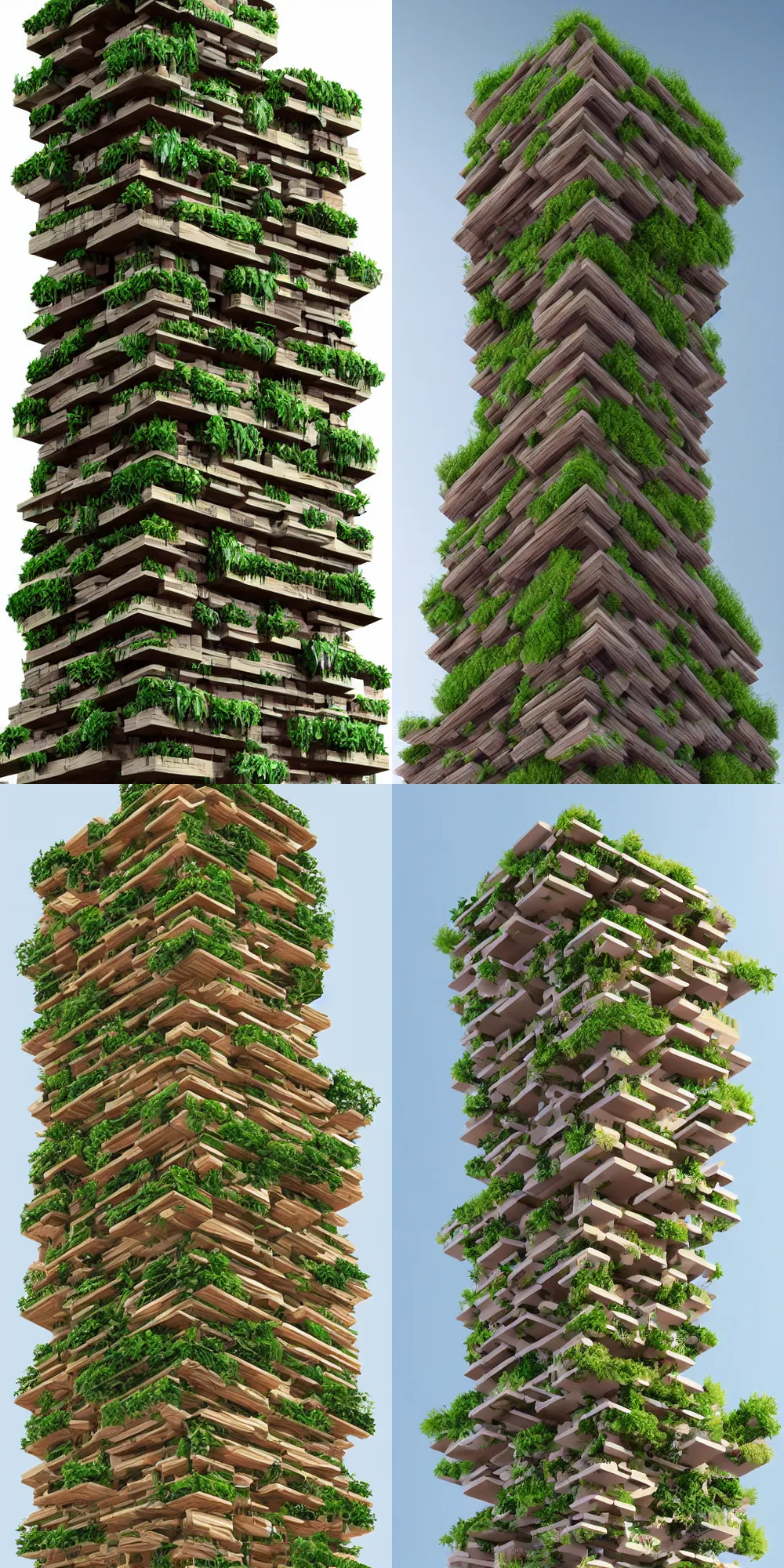 Prompt: Twisted square wooden skyscraper with plants on the side, concept art, artists impression