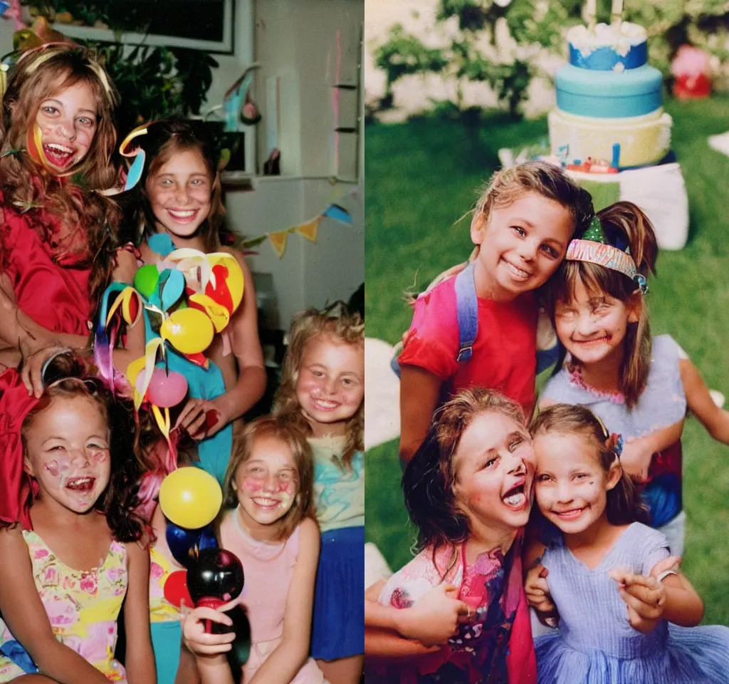 Prompt: 90's Professional Color Photography, Nikon, Two girls smiling for the camera, birthday party at their house