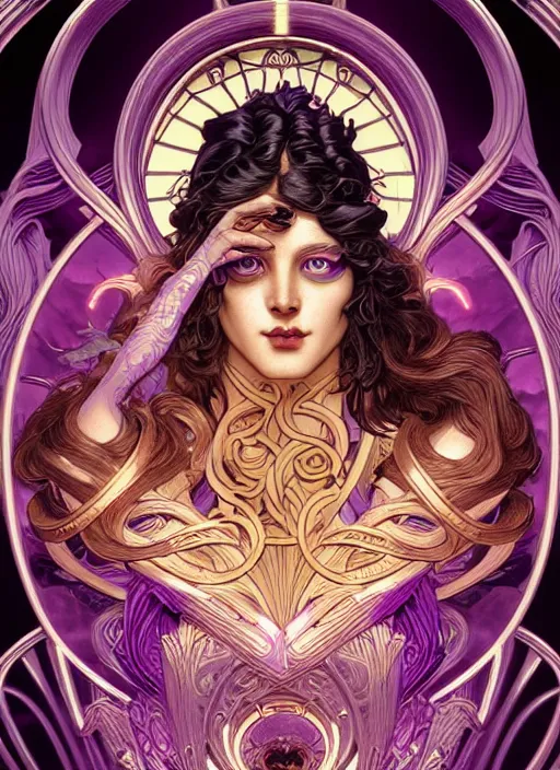 Image similar to the god zeus, portrait, wavy black electric hair, glowing eyes,, volumetric lights, purple and gold scheme, art nouveau botanicals, gothic, intricate, highly detailed, digital painting, artstation, concept art, smooth, sharp focus, symmetric face, illustration, steampunk, art by artgerm and greg rutkowski and alphonse mucha