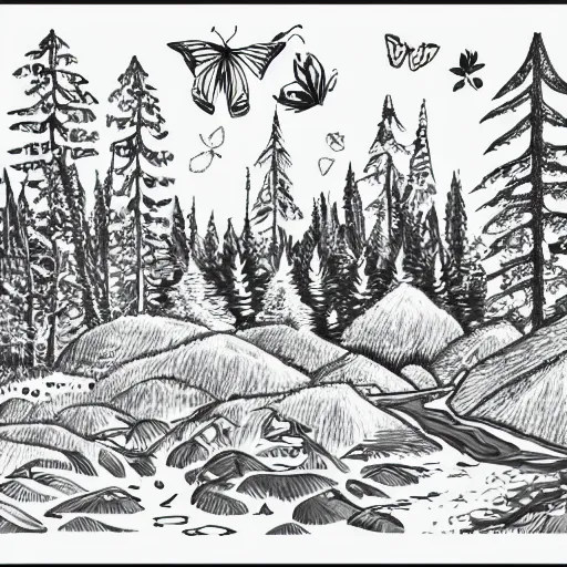 Prompt: hand - drawn nature and forest illustration, ink drawing nature landscape, vector clipart, fine art