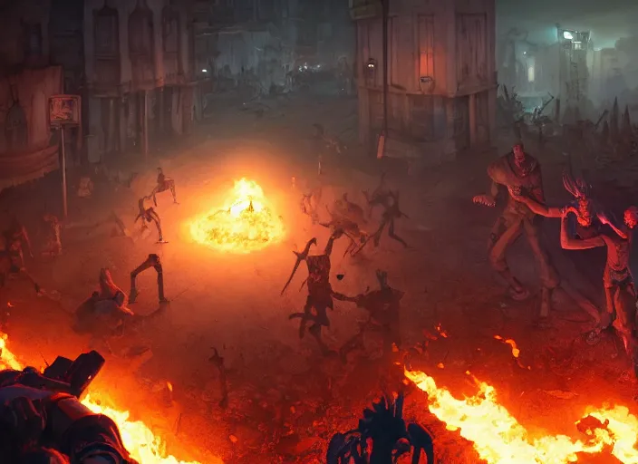 Image similar to a battle in the ruined streets at night between 3 d pixar disney zombies and 3 d heroic survivor in the style of pixar walkind dead, being lit by fireflames, medium shot, studio ghibli, pixar and disney animation, sharp, rendered in unreal engine 5, anime key art by greg rutkowski, bloom, dramatic lighting