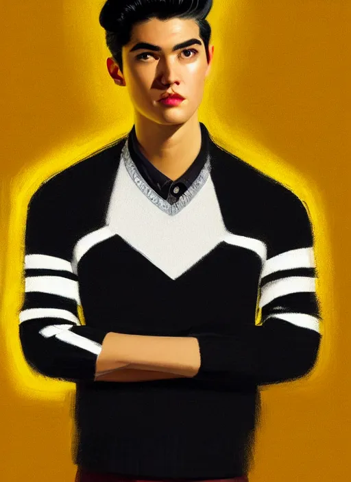 Prompt: portrait of young reggie mantle, mean smirk, egotistical, slicked back hair, striped yellow and black sweater, 1 9 5 0 s, intricate, elegant, glowing lights, highly detailed, digital painting, artstation, concept art, smooth, sharp focus, illustration, art by wlop, mars ravelo and greg rutkowski