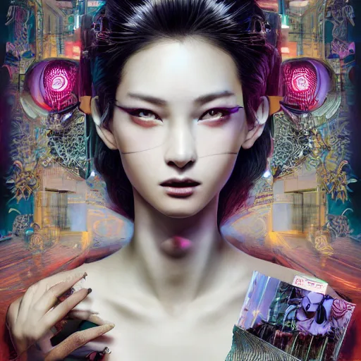 Image similar to the portrait of an absurdly beautiful, graceful, elegant, sophisticated, fashionable cyberpunk gravure idol, an ultrafine hyperdetailed illustration by kim jung gi, irakli nadar, hanna moon, intricate linework, bright colors, collage, porcelain skin, unreal engine 5 highly rendered, cgsociety, global illumination, radiant light, detailed and intricate environment
