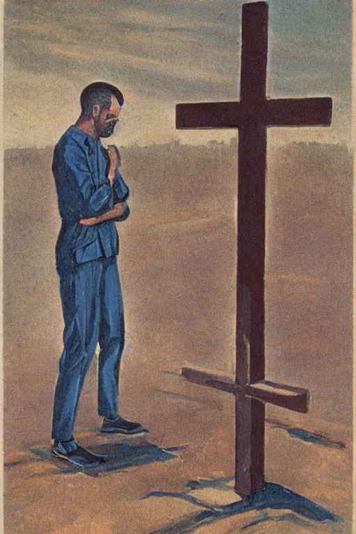 Image similar to man kneeling at the base of a wooden cross, 1960’s advertising art illustration