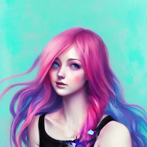 Image similar to colorful and festive captivating teenager girl with pink hair, cyan top crop, black skirt, black leggings, cute look. rich vivid colors, ambient lighting, dynamic lighting, 4 k, atmospheric lighting, painted, intricate, highly detailed by charlie bowater