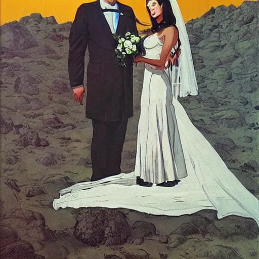 Image similar to i wouldn't marry you if you were the last man on earth!, apocalypse wedding, crying sad miserable unhappy bride, laughing groom, doomsday, radiation, nuclear holocaust by robert mcginnis and chesley bonestell