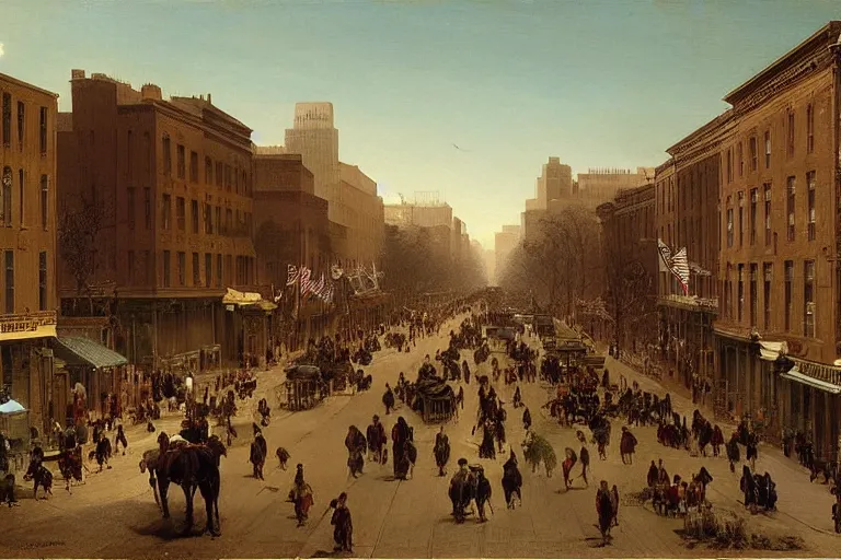 Image similar to birds looking down street of small but busy downtown midwestern town, 1 8 0 0 s, rule of thirds, matte painting, highly detailed, cinematic lighting, by albert bierstadt, frederic edwin church