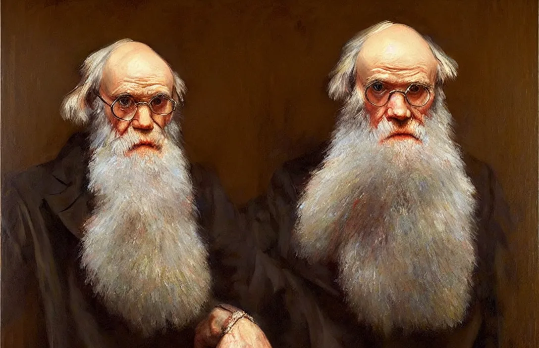 Image similar to portrait of charles darwin!!!!!!!!!!!!!!!!!!!!!!!!!!!, detailed face, detailed painting, epic lighting, by ilya repin, phil hale and kent williams