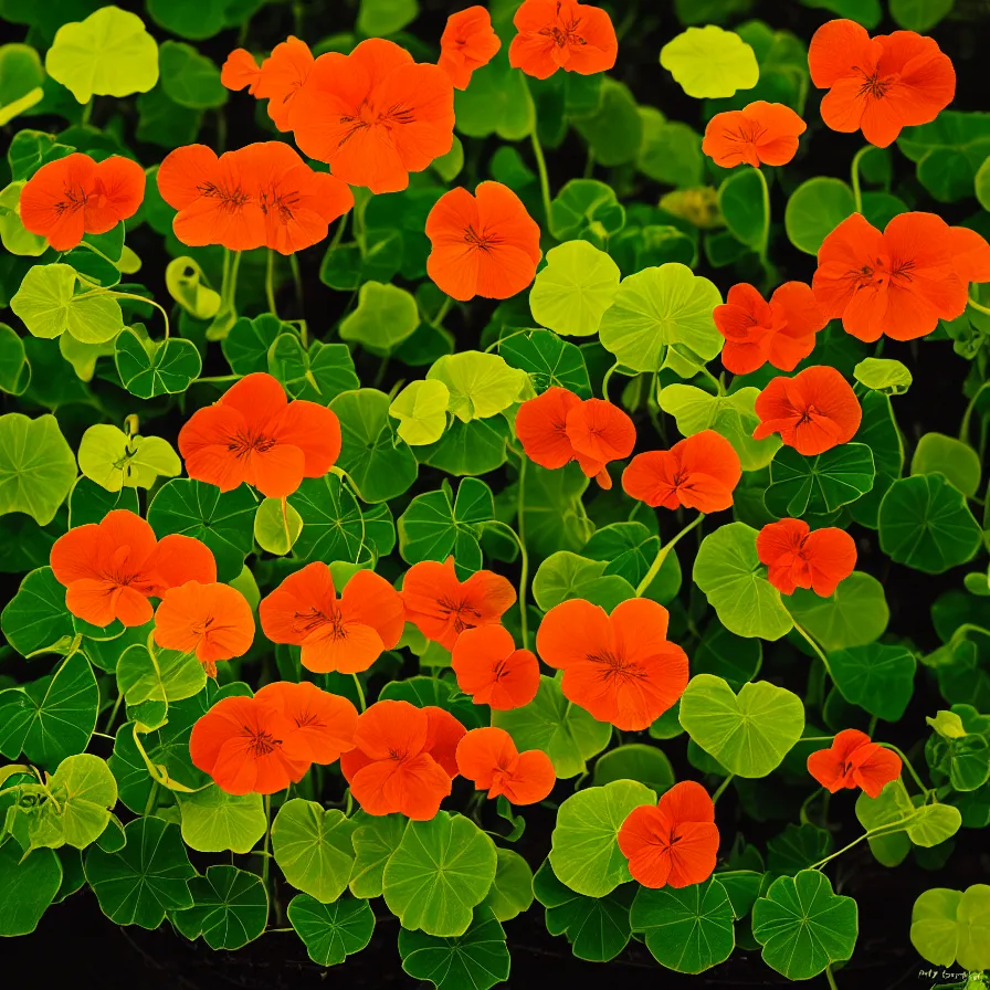 Prompt: a 5 5 mm photo portrait of a nasturtium plant still life, cinematic lighting, sharp focus, photography of the year