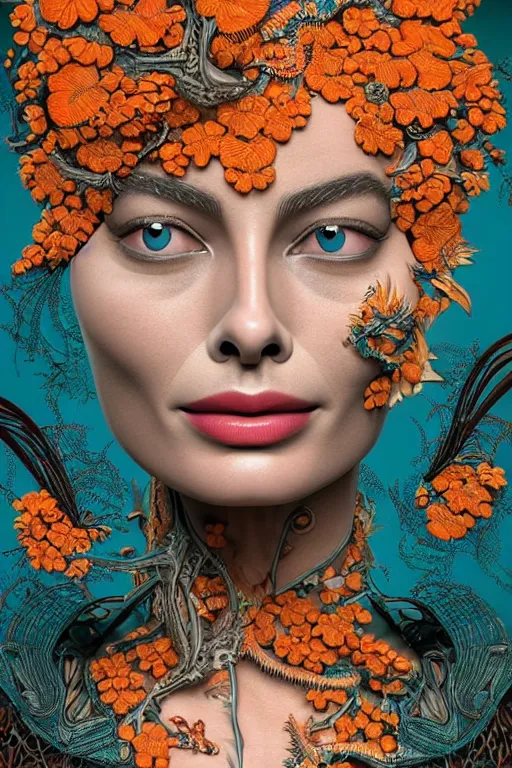 Prompt: cinema 4d colorful render, organic, dark scene, ultra detailed, of a porcelain beautiful margot robbie face. biomechanical, analog, macro lens, hard light, big leaves and large orange Dragonflies, stems, roots, fine foliage lace, turquoise gold details, high fashion haute couture, art nouveau fashion embroidered, intricate details, mesh wire, mandelbrot fractal, anatomical, facial muscles, cable wires, elegant, hyper realistic, in front of dark flower pattern wallpaper, ultra detailed