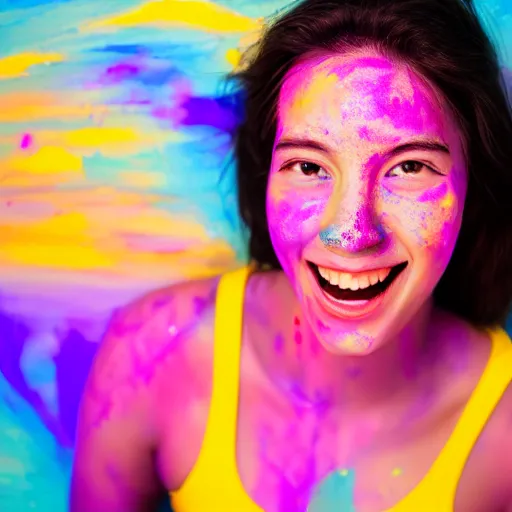 Image similar to a fullbody potrait photo of a female smiling, painted her body with ultraviolet paint, 5 0 mm lens, f 1. 4, sharp focus, ethereal, emotionally evoking, head in focus, volumetric lighting, 8 k