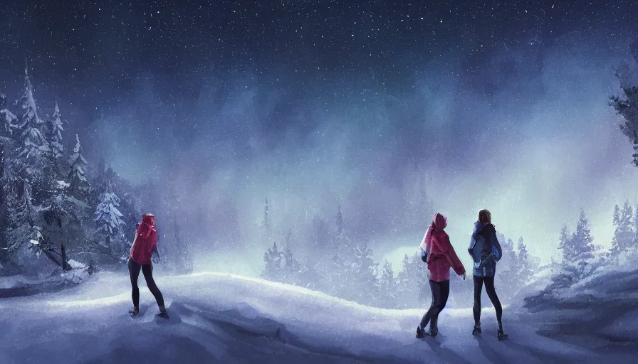 Prompt: Digital painting of two women admiring the landscape of a snowy forest with stars in the sky, a shooting star and villages in the distance, hyperdetailed, artstation, cgsociety, 8k