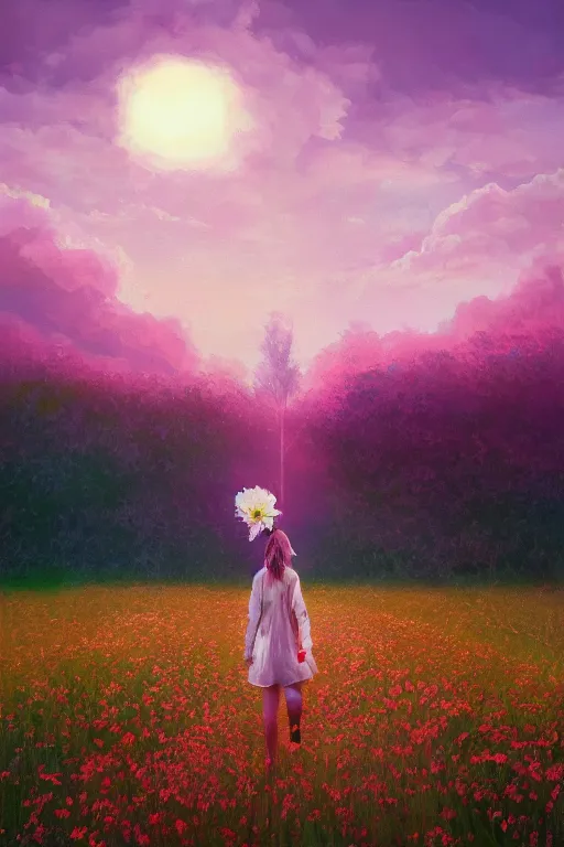 Image similar to giant white flower head, girl walking in a flower field, surreal photography, sunrise, dramatic light, impressionist painting, colorful clouds, digital painting, artstation, simon stalenhag